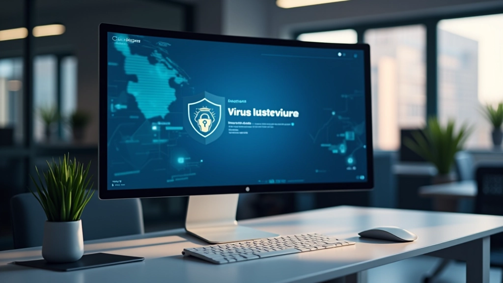 Computer desk con monitor che mostra software di scansione antivirus in esecuzione