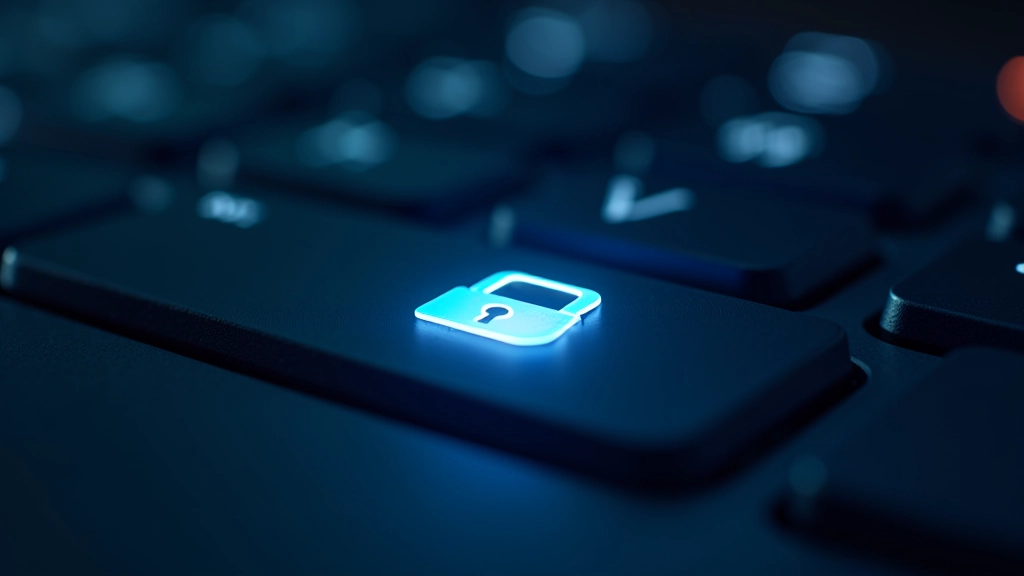 Tastiera di computer con simbolo di sicurezza informatica e lucchetto digitale