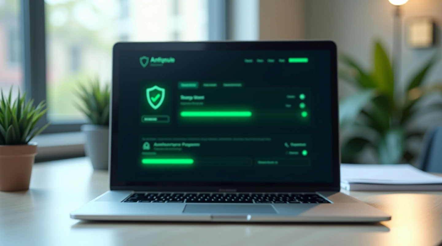 Schermo di un computer con scansione antivirus in corso, barre di progresso verdi