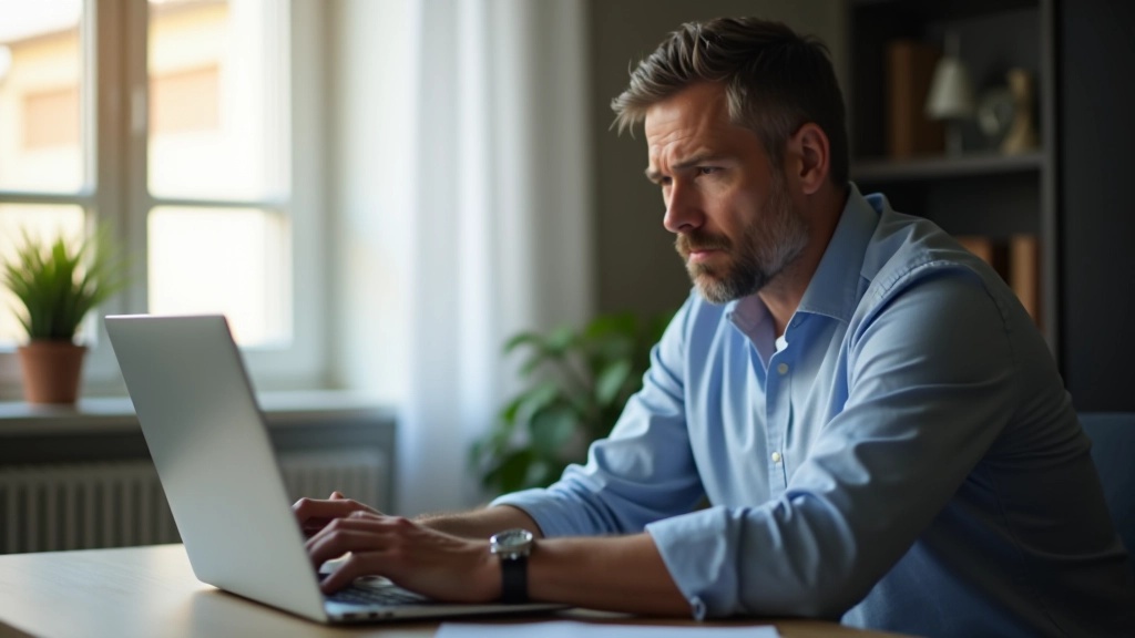 Persona che guarda uno schermo di computer con icone di file e documenti, espressione di preoccupazione