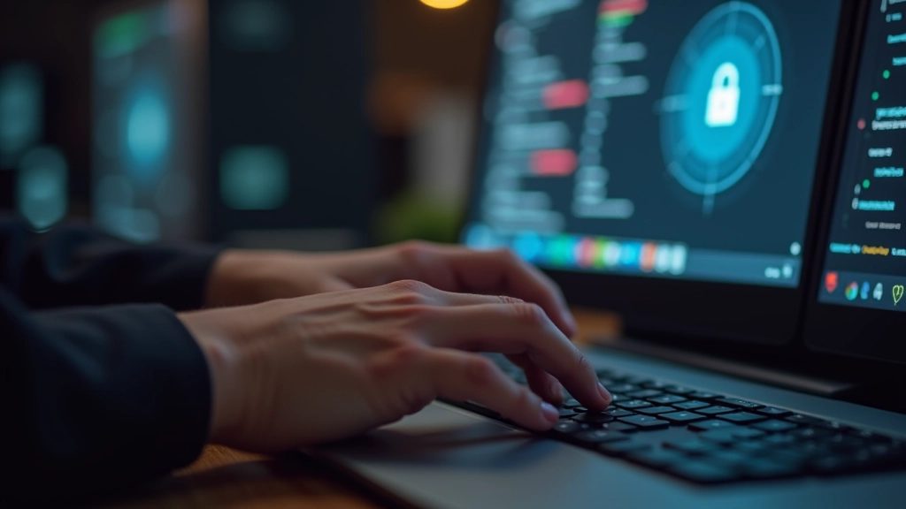Persona che digita una password forte su una tastiera, simboli di sicurezza sullo schermo